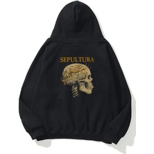 The Wert Unisex Sepultura, Skull, Şeytan Ön Arka Baskılı Siyah Sweatshirt Hoodie