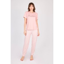 Burcumay Kadın Kısa Kollu Yumuşak Dokulu Pembe Pijama Takımı