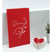 Bk Gift Kişiye Özel Isimli Kırmızı Defter ve Kalp Taş Obje Kokulu Mum Hediye Seti-7, Sevgiliye Hediye, Arkadaşa Hediye