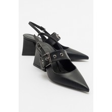 Luvi Nepido Siyah Cilt Kadın Sivri Burun Arkası Açık Kalın Topuklu Ayakkabı