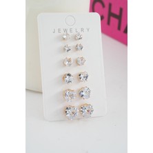 By Zeyna Aksesuar Kadın Vip Seri Baget Zirkon Taşlı Kalp Model 6'lı Küpe Seti