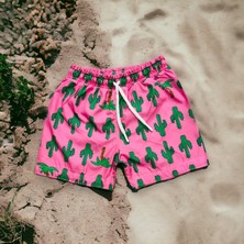 Lolli Boom Kids  Yeni Sezon Erkek Çocuk Kaktüs Baskılı Pembe Yeşil Renk Bağcıklı Şort Mayo Fileli Tam / Regular Kalıp