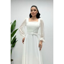 Giyimmasalı Şifon Kumaş Kare Yaka Kiloş Elbise - Beyaz
