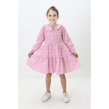 Miniğimin Cicileri Çiçek Baskılı Düğmeli Kız Çocuk Astarlı Elbise - Pembe