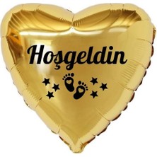 Organizasyon Pazarı 18 inç Gold Renk Bebek Ayak Figürlü Hoşgeldin Yazılı Yeni Doğan Temalı Kalp Folyo Balon