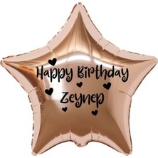 Organizasyon Pazarı 18 inç Rose Gold Renk Kişiye Özel Happy Birthday Yazılı Kalp Figürlü Yıldız Folyo Balon