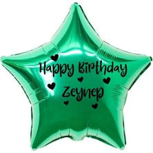 Organizasyon Pazarı 18 inç Yeşil Renk Kişiye Özel Happy Birthday Yazılı Kalp Figürlü Yıldız Folyo Balon