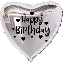 Organizasyon Pazarı 18 inç Gümüş Renk Kalp Figürlü Happy Birthday Temalı Kalp Folyo Balon