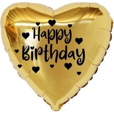 Organizasyon Pazarı 18 inç Gold Renk Kalp Figürlü Happy Birthday Temalı Kalp Folyo Balon
