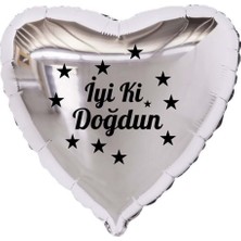 Organizasyon Pazarı 18 inç Gümüş Renk Yıldız Figürlü İyi ki Doğdun Temalı Kalp Folyo Balon
