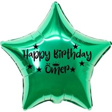 Organizasyon Pazarı 18 inç Yeşil Renk Kişiye Özel Happy Birthday Yazılı Yıldız-Taç Figürlü Yıldız Folyo Balon