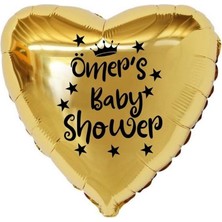 Organizasyon Pazarı 18 inç Gold Renk Kişiye Özel Baby Showers Yazılı Yıldız-Taç Figürlü Kalp Folyo Balon