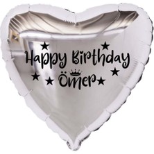 Organizasyon Pazarı 18 inç Gümüş Renk Kişiye Özel Happy Birthday Yazılı Yıldız-Taç Figürlü Kalp Folyo Balon