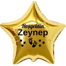 Organizasyon Pazarı 18 inç Gold Renk Yeni Doğan Kişiye Özel Hoşgeldin Bebek Yazılı Ayak Figürlü Yıldız Folyo Balon