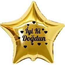 Organizasyon Pazarı 18 inç Gold Renk Kalp Figürlü İyi ki Doğdun Temalı Yıldız Folyo Balon