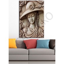 Caddeko Uzakdoğulu Şapkalı Kadın Taş Görünüm Efekt Dekoratif Kanvas Tablo DKMR457