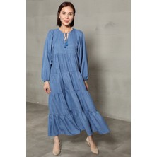 Kadın Yarasa Kol Uzun Aerobin Elbise İndigo - 245572