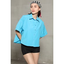 Kadın Arkası Uzun Kısa Kollu Salaş Gömlek Turkuaz - 34118