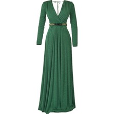 Explosion Maxi Abiye Elbise: Uzun Kol, V Yaka, Şık Kemer Detayı