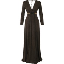 Explosion Maxi Abiye Elbise: Uzun Kol, V Yaka, Şık Kemer Detayı