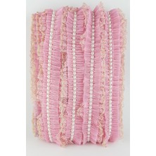 Pembe Sarı İncili Sim Dantel Plise Fırfır