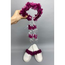 Mürdüm Lazer Çiçekli İncili Taç ve Lohusa Terlik Seti