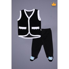 Babyhola Kadife Yelek Patikli Pantolon Unisex Bebek 2'li Set Siyah