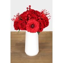 Yapay Çiçek Deposu Beyaz Lüks Vazoda Kadife Gül Gerbera Tanzimi 30 cm