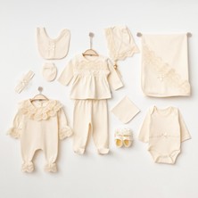 Buse & Eylül Bebe Ekru Güpürlü 10 Parça Kız Bebek Hastane Çıkışı Takımı