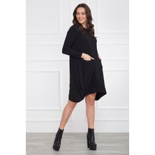 Laranor Deri Detaylı Asimetrik Kesim Elbise 46 - Siyah