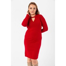 Laranor Büyük Beden V Yaka Triko Elbise 42 - Kırmızı