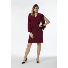 Laranor Kolda Yırtmaç Detatlı Elbise 48 - Bordo