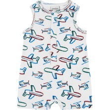 Antebies Organik Beyaz Uçak Desenli Çıtçıtlı Kolsuz Şortlu Erkek Bebek Tulum