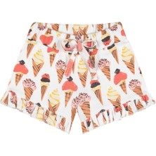 Antebies Organik Beyaz Dondurma Aşkı Desenli Fırfırlı Beli Lastikli Bağcıklı Kız Bebek Şort