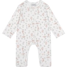 Antebies Organik Beyaz Tavşan Desenli Jakarlı Çıtçıtlı Uzun Kollu Kız Bebek Patikli Tulum