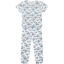 Antebies Organik Beyaz Uçak Desenli Beli Lastikli Kısa Kollu Erkek Çocuk Pijama Takımı