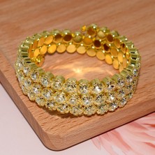 Qiuhong Shop 3 Sıra Sarı Beyaz Moda Lüks Kadınlar Çok Katmanlar Kristal Rhinestone Bilezik Bilezik Ayarlanabilir Düğün Pulseras Takı Kız Hediyeler (Yurt Dışından)