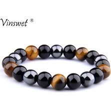 Qiuhong Shop 19CM Tarzı 8mm Kaplan Gözü Doğal Siyah Obsidyen Hematit Kaplan Gözü Boncuk Bilezik Erkekler Manyetik Sağlık Koruma Kadınlar Için Takı Pulsera Hombre (Yurt Dışından)