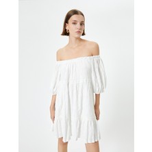 Koton Omzu Açık Elbise Mini Balon Kollu Volanlı