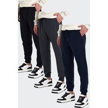 Comeor Erkek Siyah-Lacivert-Antrasit Arka Cep Etiket Detaylı Paça Lastikli Regular Fit 3'Lü Eşofman Altı Cmreo09-3