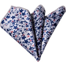 Exve Exclusive Bej Üzerine Lacivert Kırmızı Çiçek Baskılı Cep Yaka Mendili