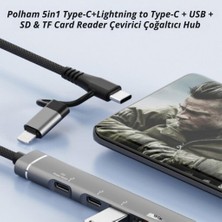 Polham 5in1 1x Lightning ve 1xtype-C Çevirici Adaptör,2x Type C 1x Usb,1x Sd Tf Kart Çevirici Çoğaltıcı Hub