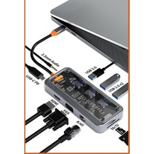 Polham 10IN1 100W Type C Çoğaltıcı Hub, 1x Type C, 3x Usb, 1x Hdmi, 1x RJ45, 1x Sd/tf, 1x Vga, 1x 3.5mm Aux