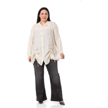 Disentis Modest Büyük Beden Katlamalı Kollu Alttan Büzgülü Ekru Gömlek