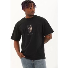 Tarz Yeri Unisex Oversize Baskılı Bisiklet Yaka T-Shirt - Siyah
