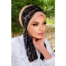 Aişe Tesettür Bej Siyah Yazı Fularlı BONE-40602