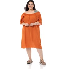 Disentis Modest Büyük Beden Yakası Lastikli Geniş Kollu Astarlı Kiremit Elbise