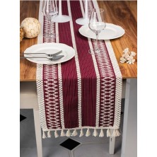 Tropik Home Örme Mürdüm Runner , Püsküllü Organik Pamuk Dantel Örme Runner 35X155 cm Regina Runner Masa Örtüsü