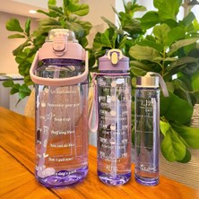 Madamev 3'lü Şeffaf Motivasyonel Su Matarası Sporcu Su Şişesi Figür Sticker Çıkartmalı Soft Purple Taşınabilir Seyahat Matarası Sızdırmaz Kapaklı Pipetli Suluk Kokusuz 2000 Ml. + 900 Ml. 500 Ml. Seti