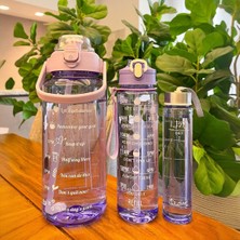 Madamev 3'lü Şeffaf Motivasyonel Su Matarası Sporcu Su Şişesi Figür Sticker Çıkartmalı Soft Purple Taşınabilir Seyahat Matarası Sızdırmaz Kapaklı Pipetli Suluk Kokusuz 2000 Ml. + 900 Ml. 500 Ml. Seti